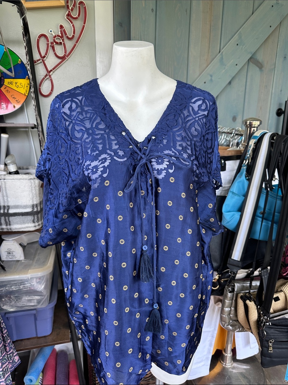 Johnny Was Navy Blue Lace-Yoke V-Neck Tunic with Tassel Tie